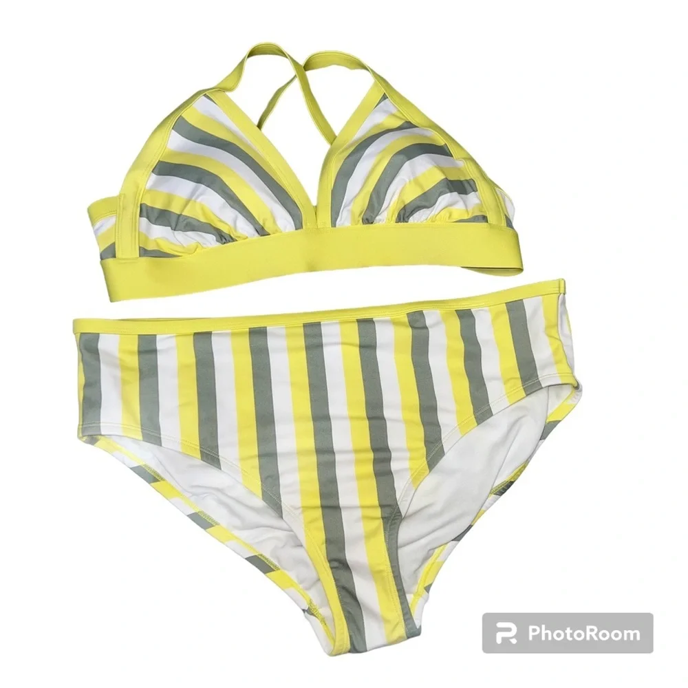 Kona Sol Women's Plus Size yellow & gray stripped Triangle bikini set nwt 1X